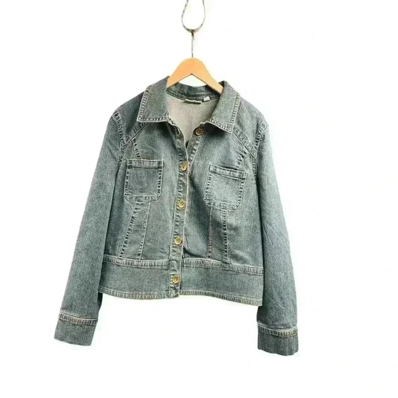 Susan Graver Jeans Stretch Denim Button Front Peplum Jacket Patch Pockets Sz XL - Picture 1 of 16